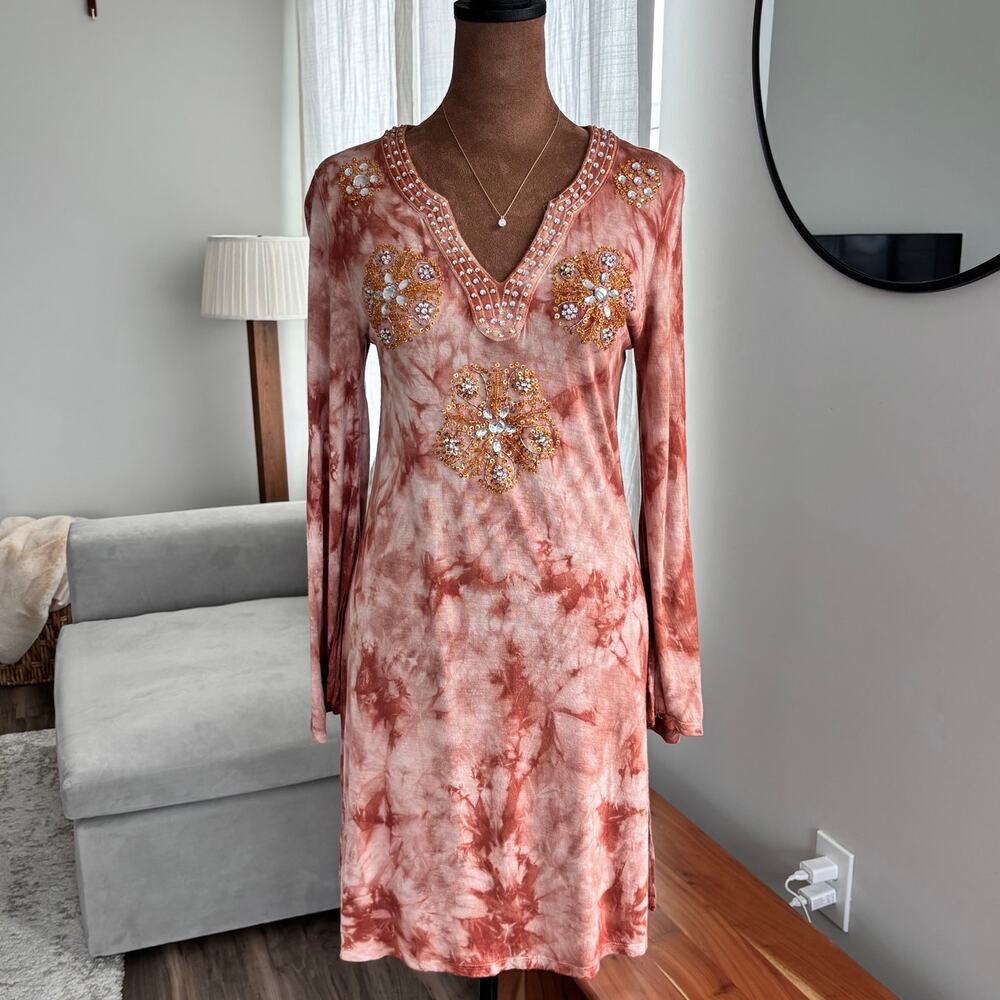 2000s‎ INC Beach Beaded Summer Tunic Boho Rust Brown Tie Dye Embellished Medium
